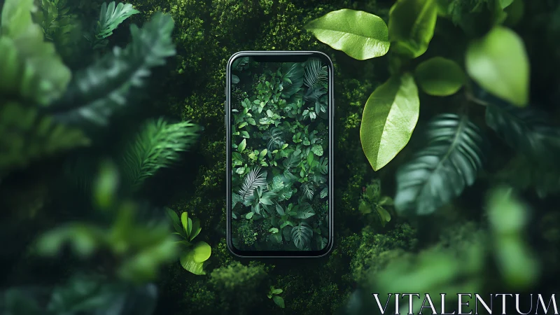 Smartphone screen integrated into dense green foliage scene.