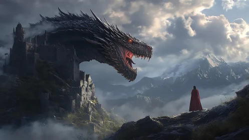Dragon confronts lone figure beside ruined mountain fortress.