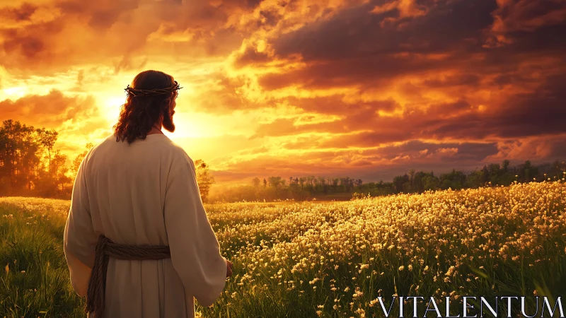 Messianic robed figure gazes over sunlit wildflower field.