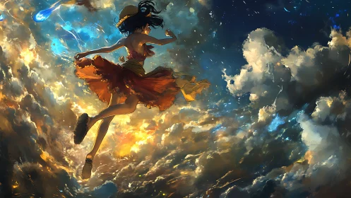Sky dancer in ember dress leaping through painted clouds.