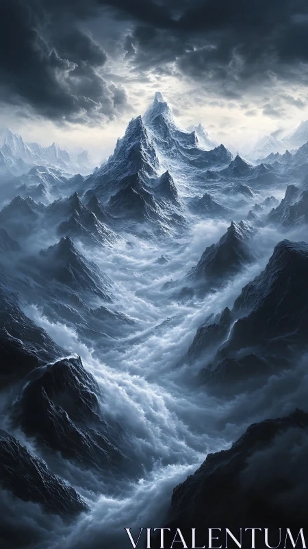 Storm-lashed frozen peaks above a churning cloud sea.