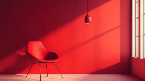 Red interior scene shows chair, pendant light and window