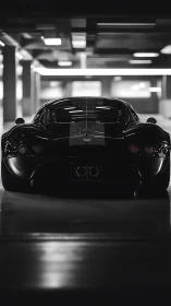 Midnight supercar waits in shadows of a neon-lit garage.