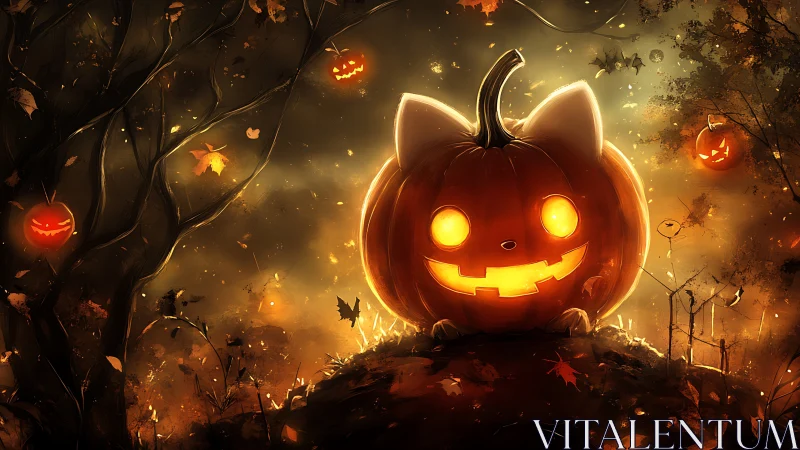 Glowing cat shaped jack o lantern in dark forest scene.