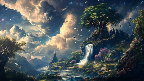 Fantastical river valley with waterfall and luminous sky.