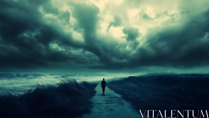 Digital painting of solitary figure on storm-lashed coastal path.