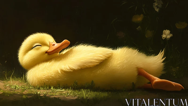 Sunlit duckling in peaceful garden slumber, softly glowing.