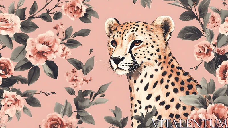 Cheetah portrait on blush floral ground, stylized vector illustration