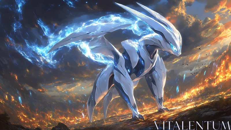 Futuristic quadruped mech in burning landscape with energy arcs.