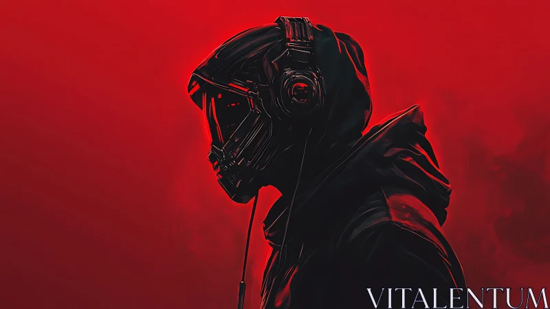 Cyberpunk hooded figure in red with futuristic headset.
