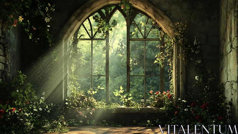 Sunlit ruin window cradling a secret enchanted garden.