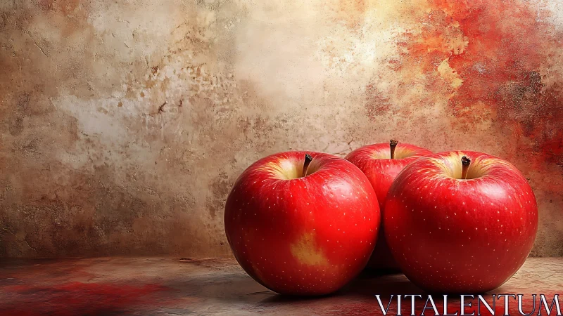 Rich red apples rest softly against a rustic textured wall