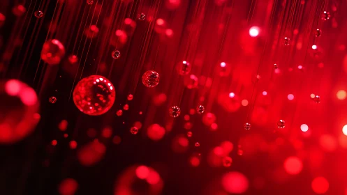 Suspended red glass spheres render depth with vivid bokeh