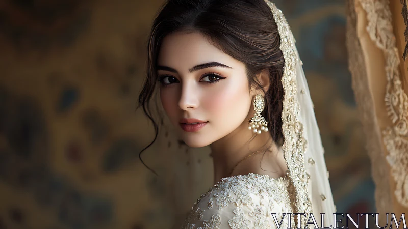 Elegant bridal portrait with embroidered veil and jewelry.