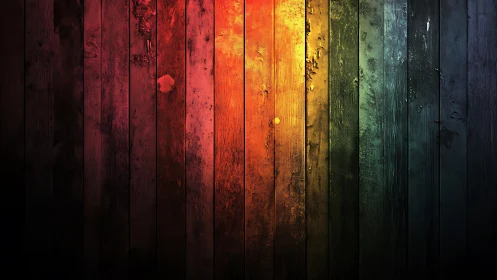 Grunge weathered wooden planks under gradient spectrum lighting