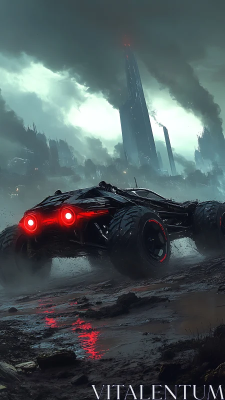 Rogue offroad cybercar stalks a storm-blackened megacity.
