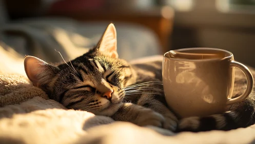 Contentedly sleeping tabby cat naps beside steaming mug.