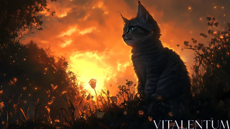 Black Cat Silhouette Against Apocalyptic Inferno.