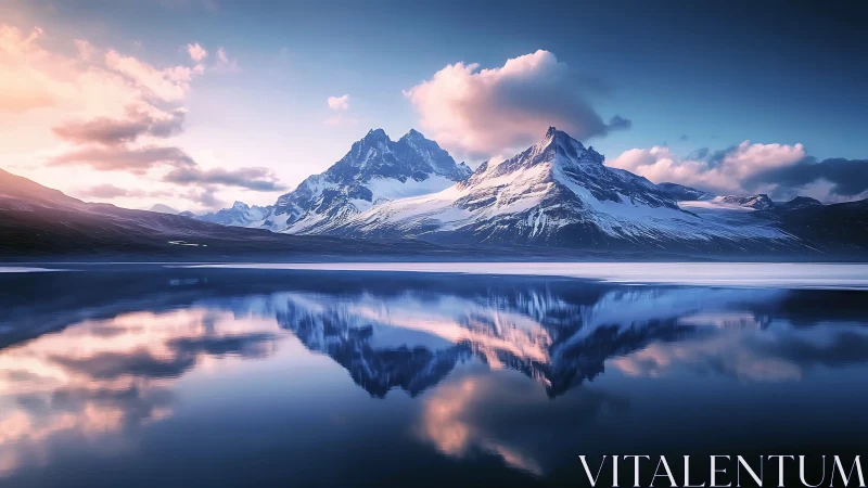 Symmetric alpine peaks mirrored in ultra-calm glacial lake at dusk