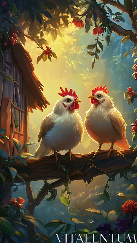 Golden Hour Roosters: Atmospheric Digital Farmyard Composition.