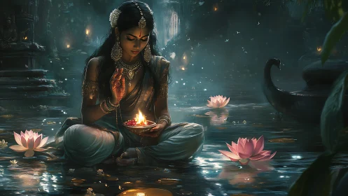 Mystic woman cradles floating diya amid lotus-lit waters.