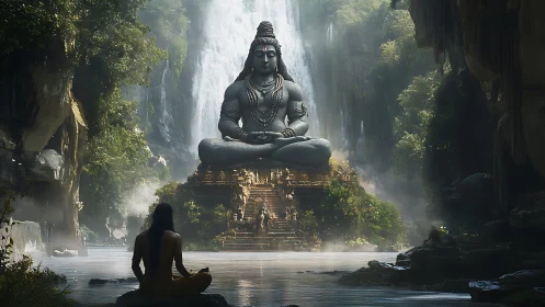 Monumental Shiva statue dominates misty canyon with cascading waterfalls