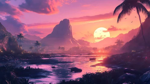 Neon lullaby over tropical river and storybook mountain.