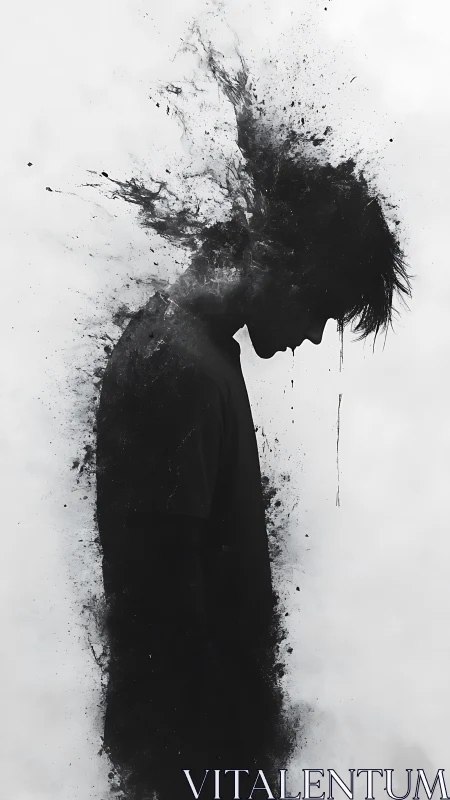 Silhouetted figure dissolves into abstract ink fragments
