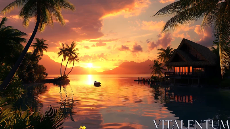 Tropical lagoon sunset illuminates palm-framed overwater villa.
