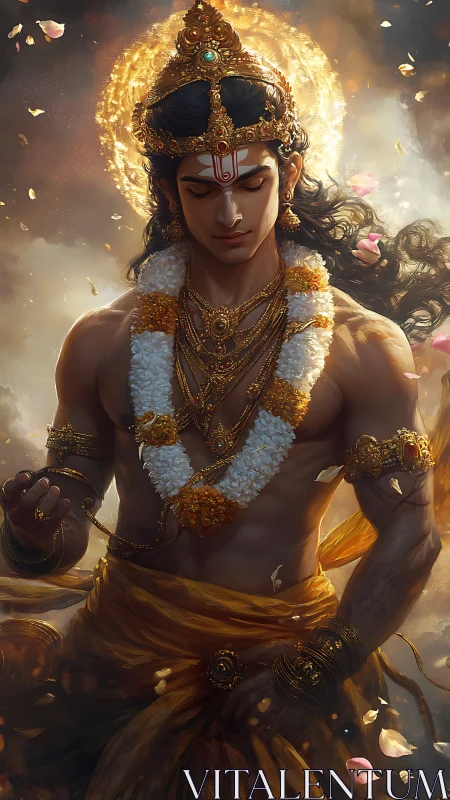 Radiant divine figure stands in golden light and quiet grace