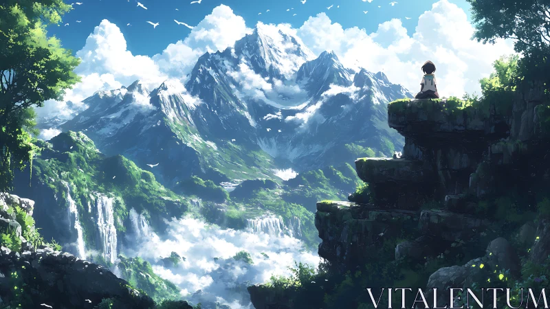 Solitary figure surveys sunlit waterfalls and clouded peaks