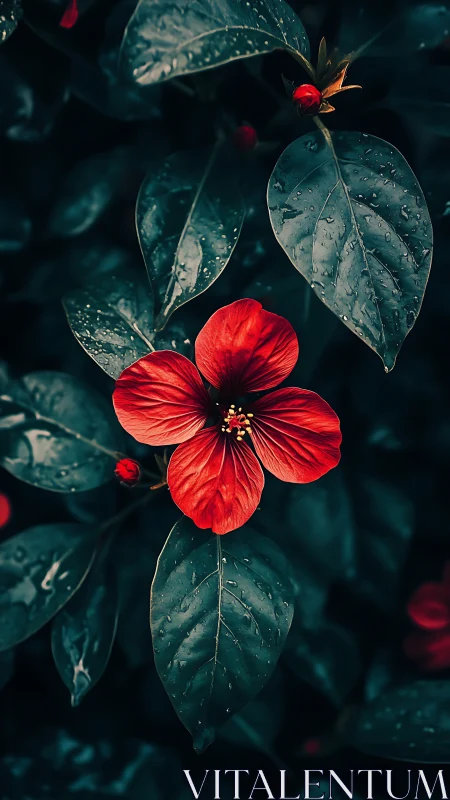 Red Flower With Water Drops Among Dark Foliage