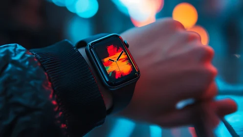 Smartwatch with neon abstract dial glows in city night