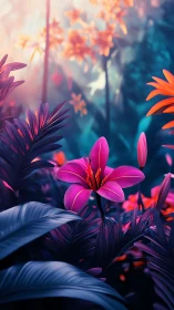 Neon jungle lily blooms in a dreamlit twilight garden.