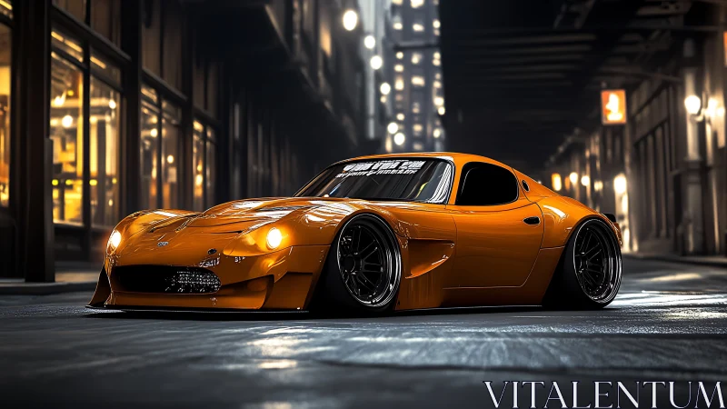 Low-slung orange sports car in illuminated urban street at night.