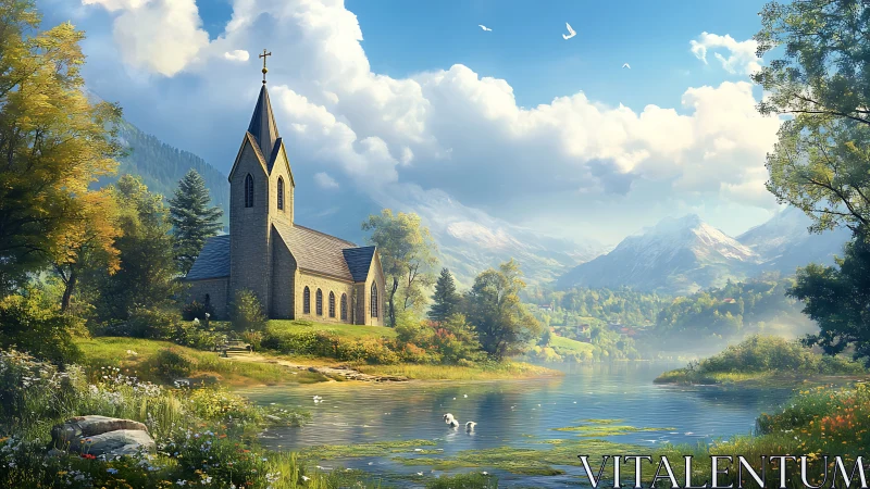 Lakeside stone chapel framed by alpine mountains and soft haze