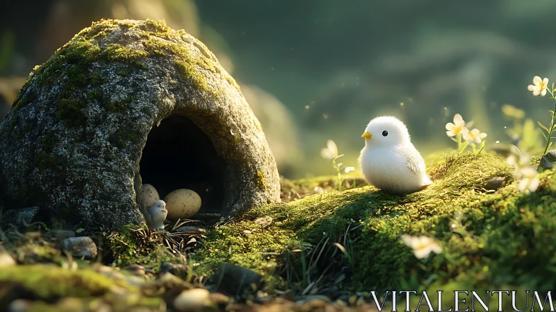 Cute white bird on mossy forest floor near stone nest.