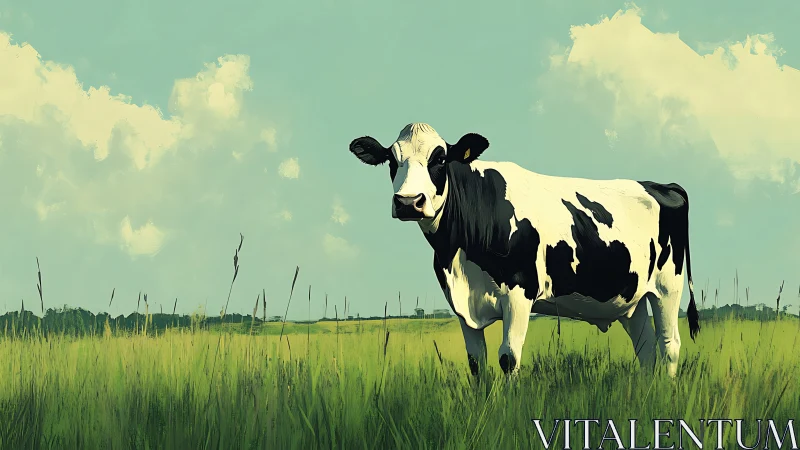 Holstein cow stands in sunlit summer pasture under sky