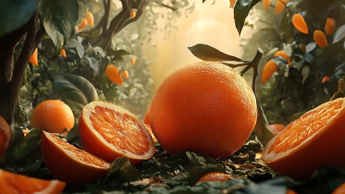 Sunlit orange grove showcases hyperreal citrus detail.