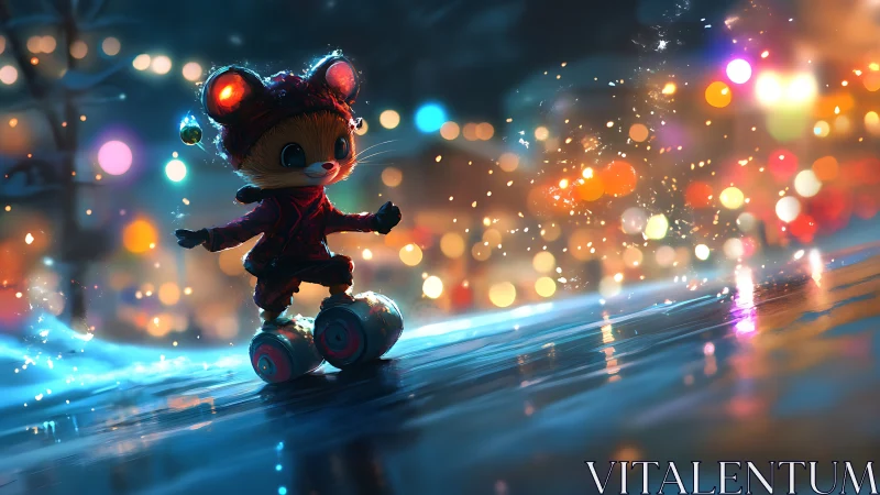 Cinematic night scene of skating mouse on glowing roller boots