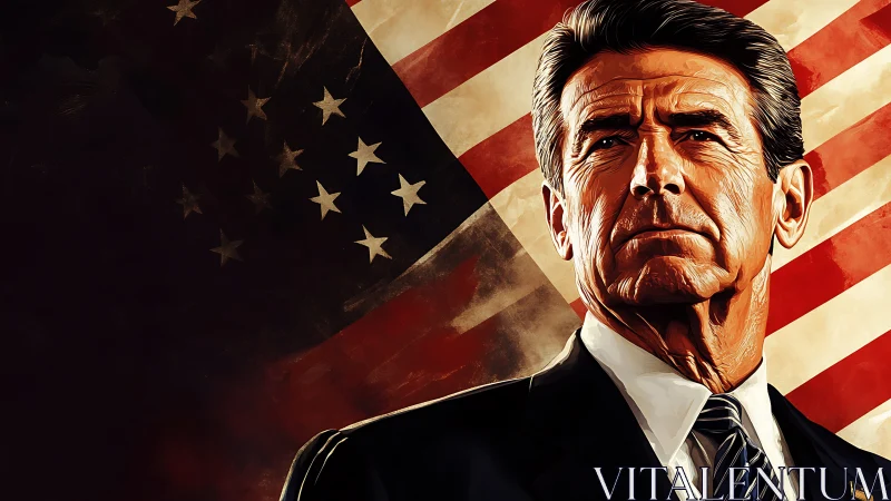 Heroic political portrait against stylized American flag backdrop