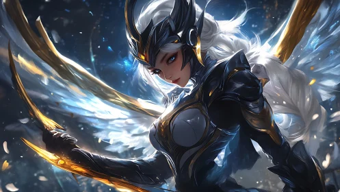 Armored winged valkyrie with luminous blades in flight