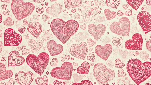 Hand-Drawn Heart Illustration Textile Pattern with Decorative Motifs
