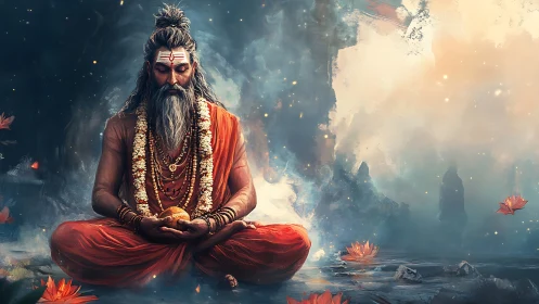 Meditative ascetic in orange robes by misty waterscape.