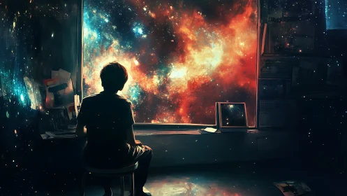 Stargazing youth before a luminous cosmic window portal.