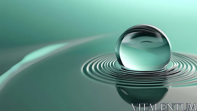 Glass water droplet on teal surface with concentric ripples.