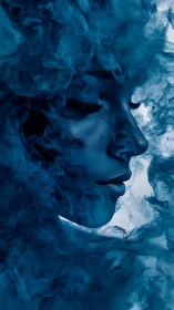 Monochrome female profile immersed in dense blue smoke.