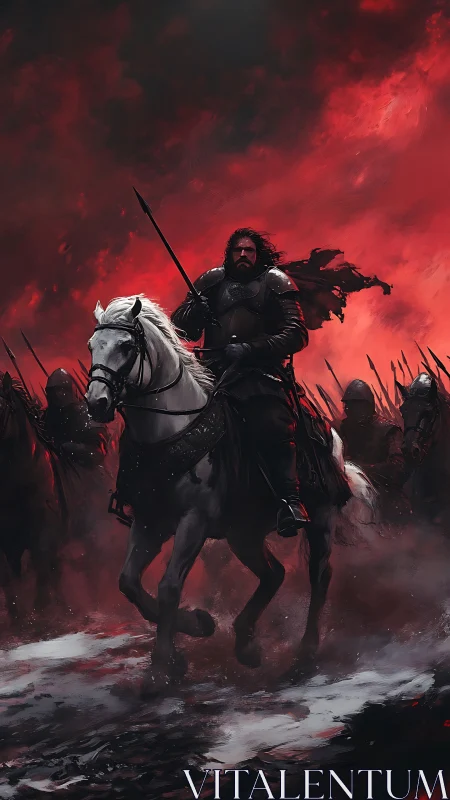 Armored rider leads cavalry under intense red battle sky.