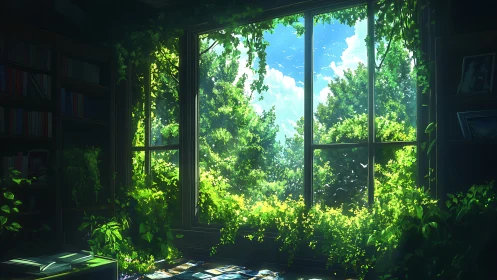 Sunlit overgrown study window looking onto green forest.