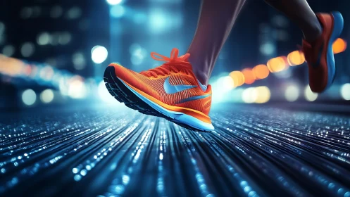 Neon orange running shoes power a fast night city sprint